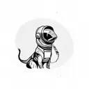 A dog wearing an astronaut helmet while having on leash an small velociraptor  tattoo design idea