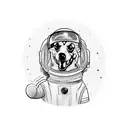 A dog wearing an astronaut helmet while having on leash an small velociraptor  tattoo design idea