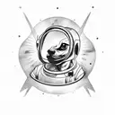 A dog wearing an astronaut helmet while having on leash an small velociraptor  tattoo design idea