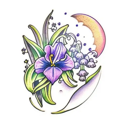 lily of the valley and violets with a crescent moon and a small dinosaurs tattoo design idea