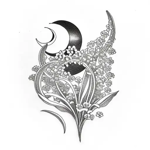 lily of the valley and violets with a crescent moon and a small dinosaurs tattoo design idea