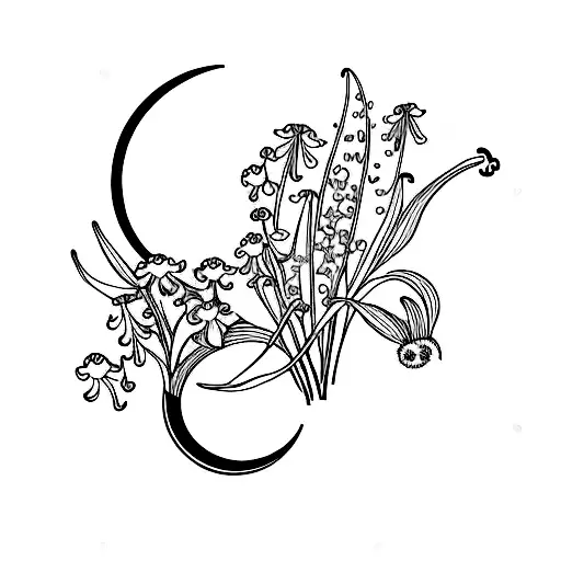 lily of the valley and violets with a crescent moon and a small dinosaurs tattoo design idea