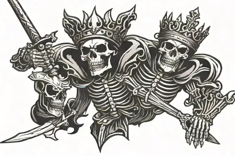 skeleton King wearing a crown with a sword with a skeleton army behind him yelling ready for war tattoo design idea