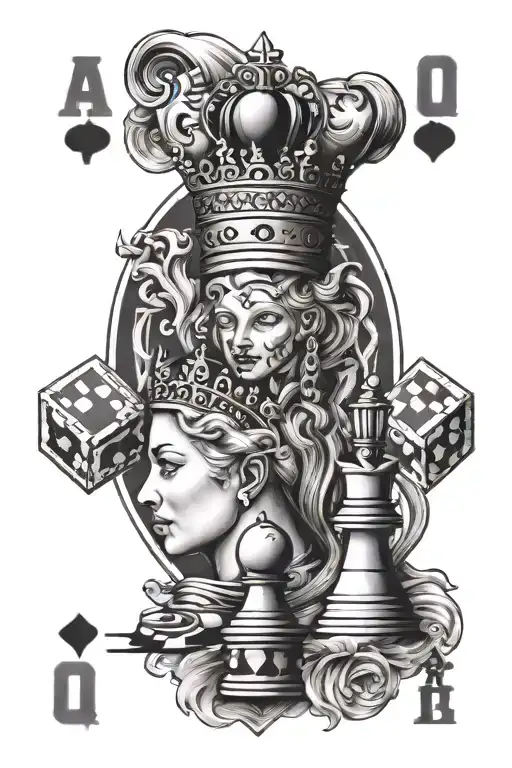solitaire cards face down with a queen on show with a chess piece and a trivial pursuit game piece   tattoo design idea