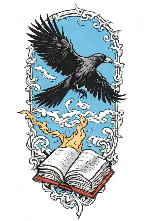  crow flying from burning book  tattoo design idea