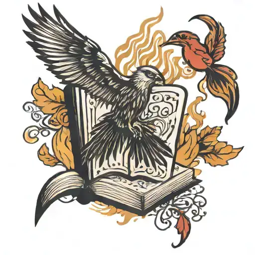 burning spell book with rising phonex bird tattoo design idea
