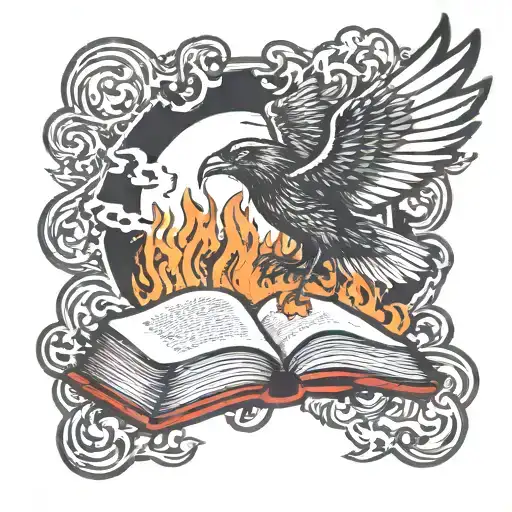  flames turning into a crow flying  up out of ooen burning  burning book in a fire tattoo design idea