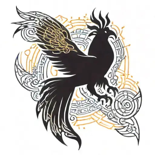 old spell book burning with rising Phoenix bird tattoo design idea