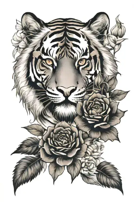 The Create a black and white tiger head with gold eyes with a rose, sunflower, chrysanthemum,and daisy surrounding it  tattoo design idea