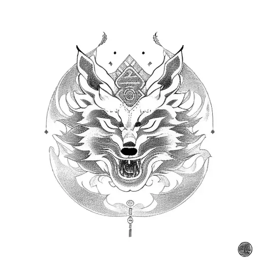 A circular Chinese design with a central kitsune mask and Nordic runes intertwined tattoo design idea