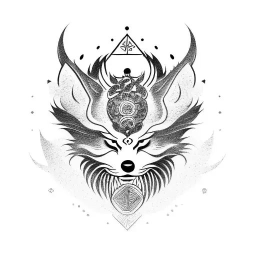 A circular Chinese design with a central kitsune mask and Nordic runes intertwined tattoo design idea