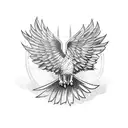 A powerful eagle soaring above a bustling cityscape representing the client's success as an entrepreneur tattoo design idea