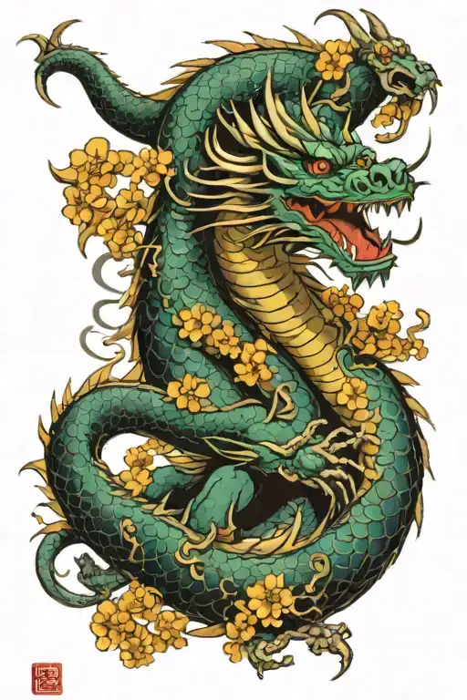 Dragon with Licorice flowers tattoo design idea