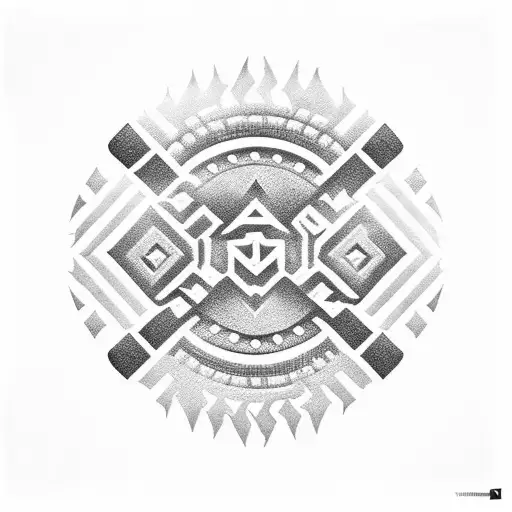 Vintage car tire with intricate Aztec patterns tattoo design idea