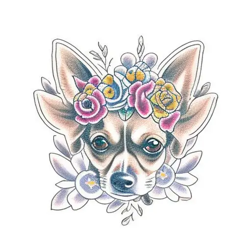 chihuahua with flowers tattoo design idea