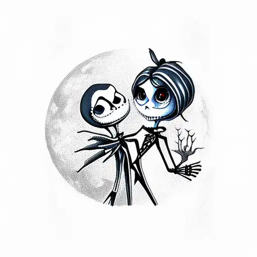 Jack Skellington and Sally holding hands in front of a full moon tattoo design idea