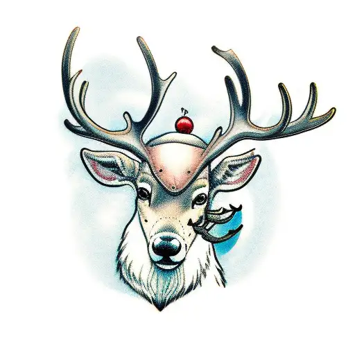 Arctic reindeer with robin sitting on an antler tattoo design idea