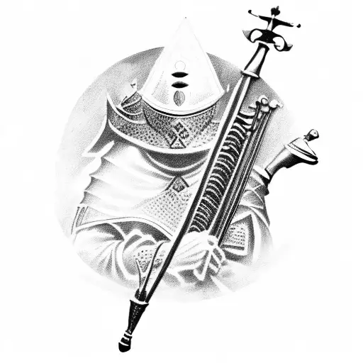 A knight in shining armor playing a haunting melody on a traditional Bosnian instrument tattoo design idea