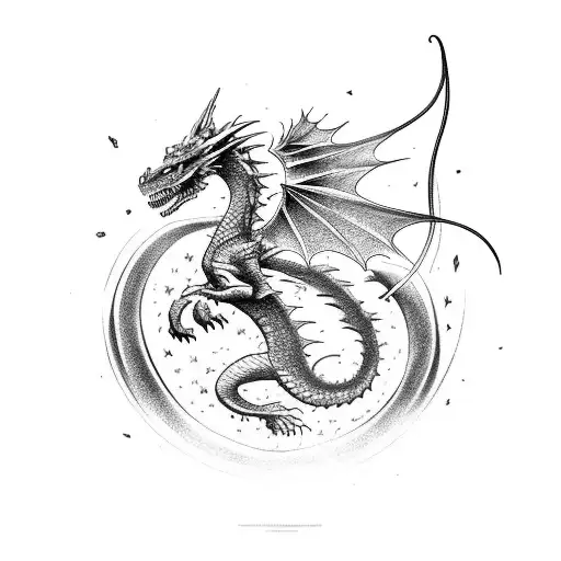 A fierce warrior riding a majestic dragon in the beautiful landscapes of Bosnia tattoo design idea