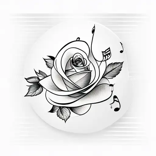 A minimalist tattoo of a bird holding a rose with musical notes flowing from it tattoo design idea