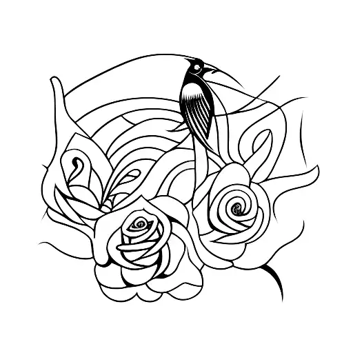 A minimalist tattoo of a bird holding a rose with musical notes flowing from it tattoo design idea