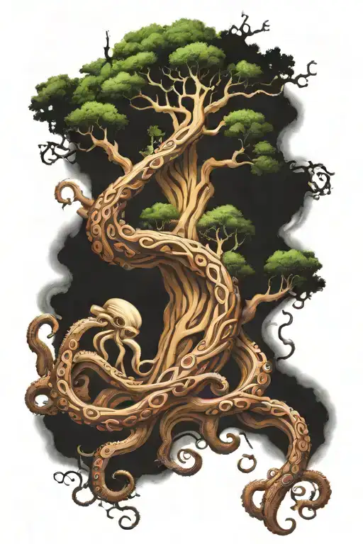 twisted tree with octopus tentacles as roots arm tattoo tattoo design idea