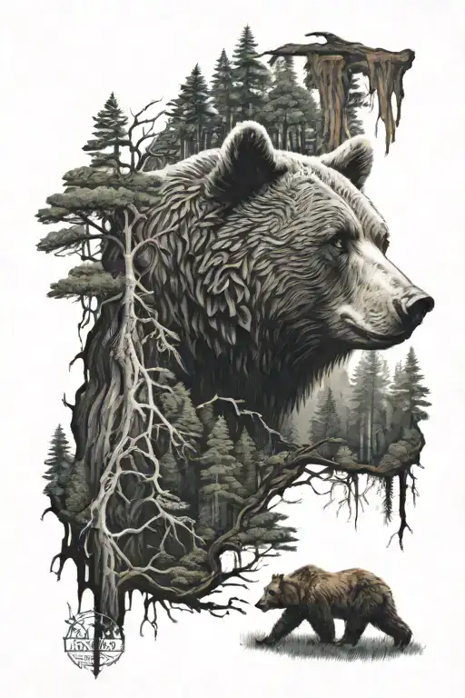 forest and bear head tattoo design idea