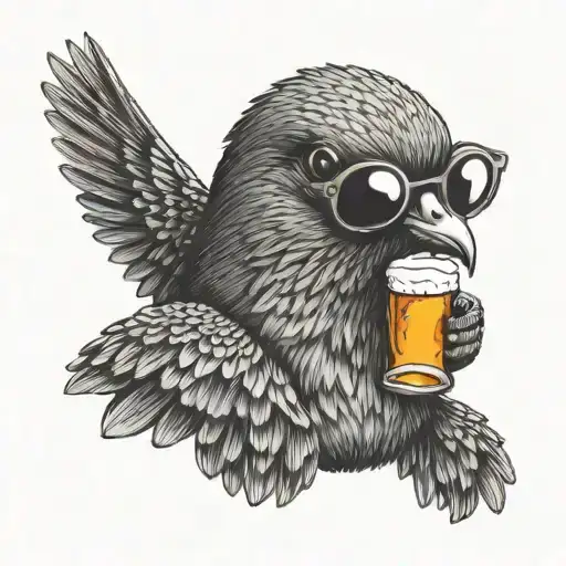 pigeon with sun glasses and beer  tattoo design idea