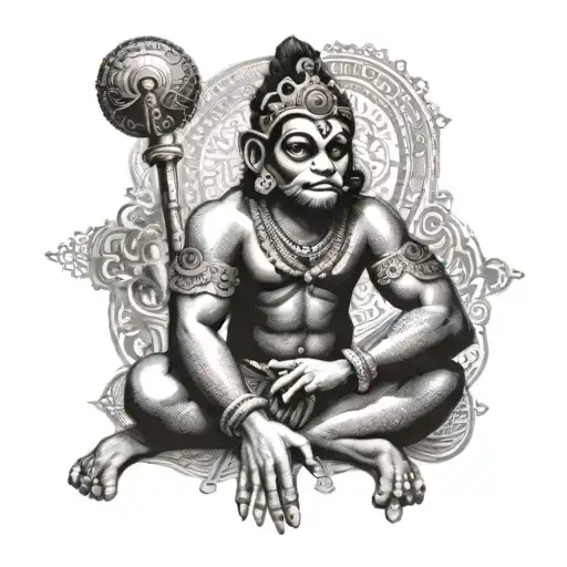An intricate dotwork tattoo featuring realistic Lord Hanuman in a meditative pose tattoo design idea