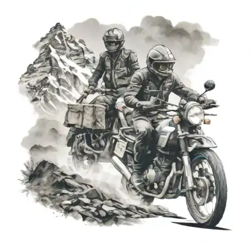 tattoo of male rider with royal enfield himalayan  in scenic mountains  tattoo design idea