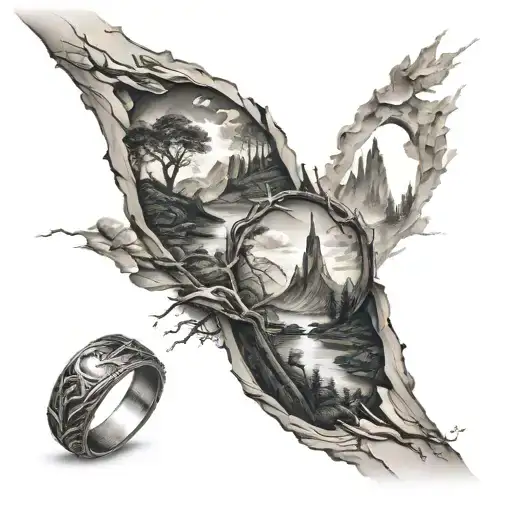 thick rings spaced a couple of inches apart of abstract landscapes tattoo design idea