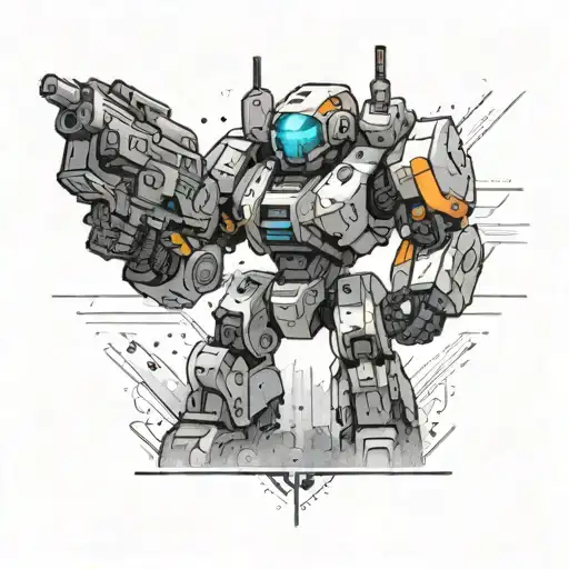 A sleek and modern mecha design inspired by the robots in Titanfall 2, with dynamic poses and futuristic weapons tattoo design idea