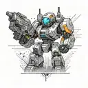 A sleek and modern mecha design inspired by the robots in Titanfall 2, with dynamic poses and futuristic weapons tattoo design idea