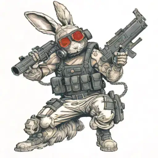 full body tactical bunny wearing bullet proof vest and gas mask with glowing red eyes holding an AR 15 with a hurt ear tattoo design idea