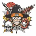Luffy hat, ichigo sword, 4 star Dragonball, Naruto headband and Black bulls logo   tattoo design idea
