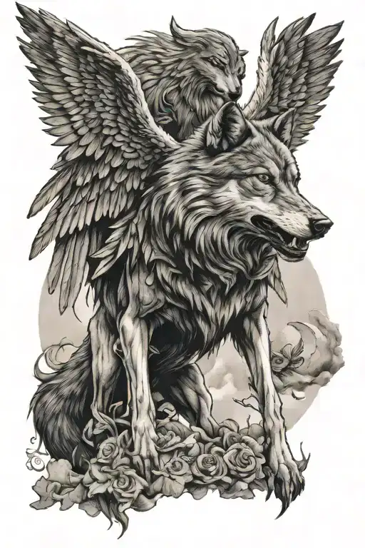 a wolf with wings carries the soul of a fallen warrior from the battlefield into the sky tattoo design idea