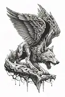 a wolf with wings carries the soul of a fallen warrior from the battlefield into the sky tattoo design idea