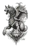 a wolf with wings carries the soul of a fallen warrior from the battlefield into the sky tattoo design idea