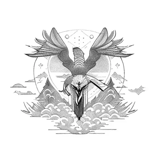 A detailed blackwork tattoo of a fierce eagle and a cunning wolf stealing together tattoo design idea