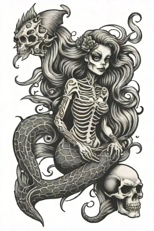 skeleton mermaid tattoo design idea