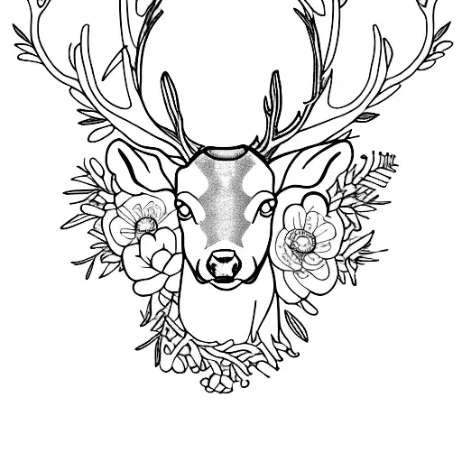 A minimalist tattoo of a deer surrounded by a wreath of plants and flowers tattoo design idea