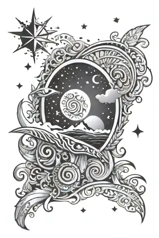 Design a tattoo with the name 'Milan' integrated with a celestial ocean scene, stars, and tribal Pacific Islander motifs tattoo design idea