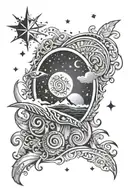 Design a tattoo with the name 'Milan' integrated with a celestial ocean scene, stars, and tribal Pacific Islander motifs tattoo design idea
