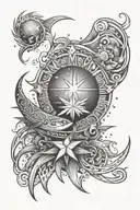 Design a tattoo with the name 'Milan' integrated with a celestial ocean scene, stars, and tribal Pacific Islander motifs tattoo design idea