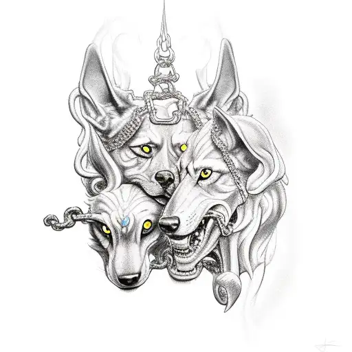 hades holding cerberus with chains tattoo design idea