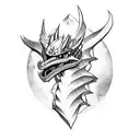 Dragonborn standing atop a mountain peak, with a Skyrim landscape in the background tattoo design idea