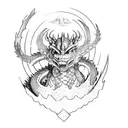 Dragonborn standing atop a mountain peak, with a Skyrim landscape in the background tattoo design idea