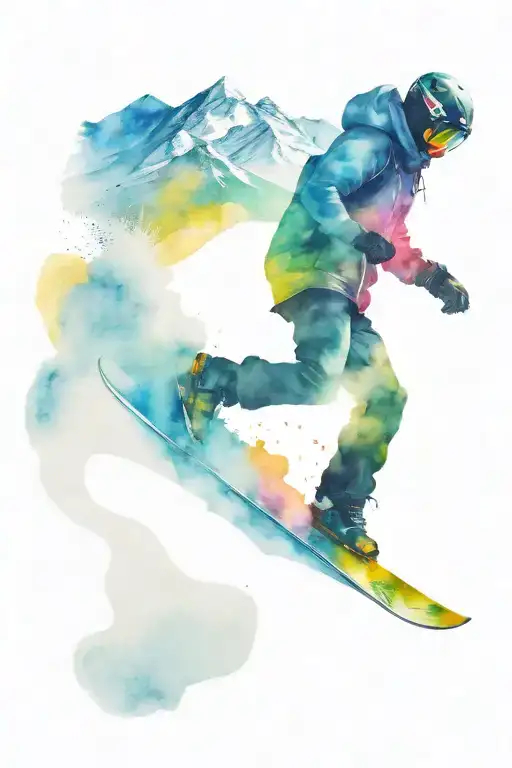 colorado mountains in the winter with a snowboarder going down the mountain  tattoo design idea