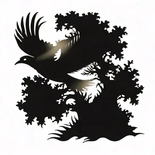 bird flying near cedar tree silhouette tattoo design idea