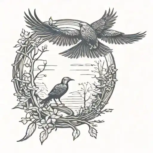 bird flying near cedar tree silhouette tattoo design idea